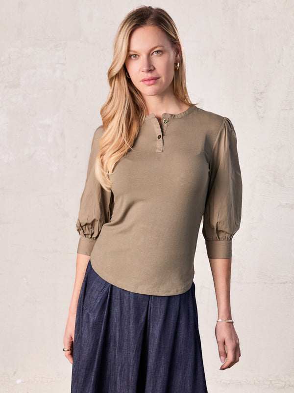 Puff Sleeve Ribbed T-Shirt-Olive