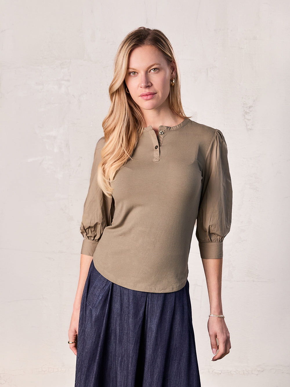 Puff Sleeve Ribbed T-Shirt-Olive