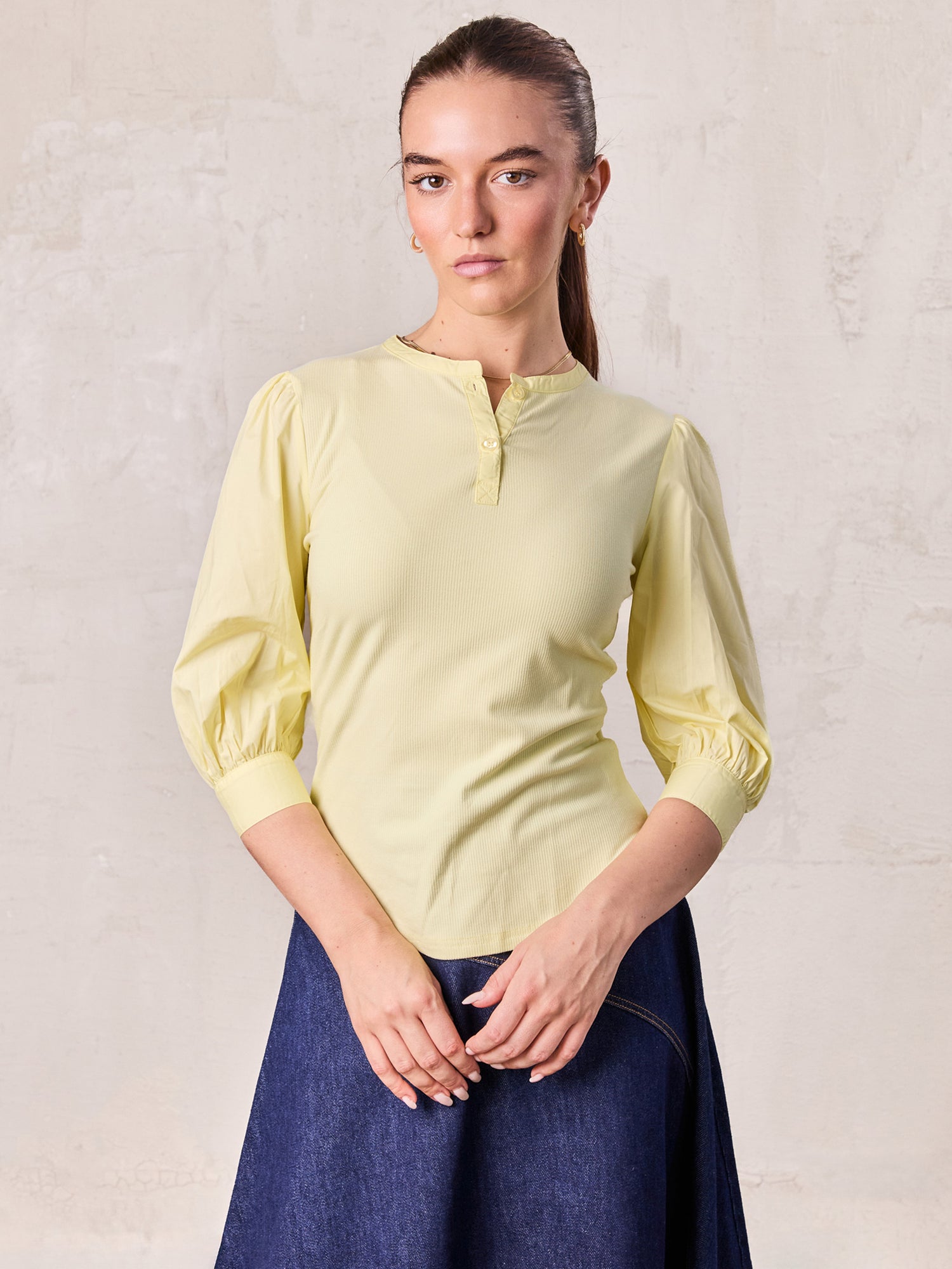 Puff Sleeve Ribbed T-Shirt-Pale Yellow