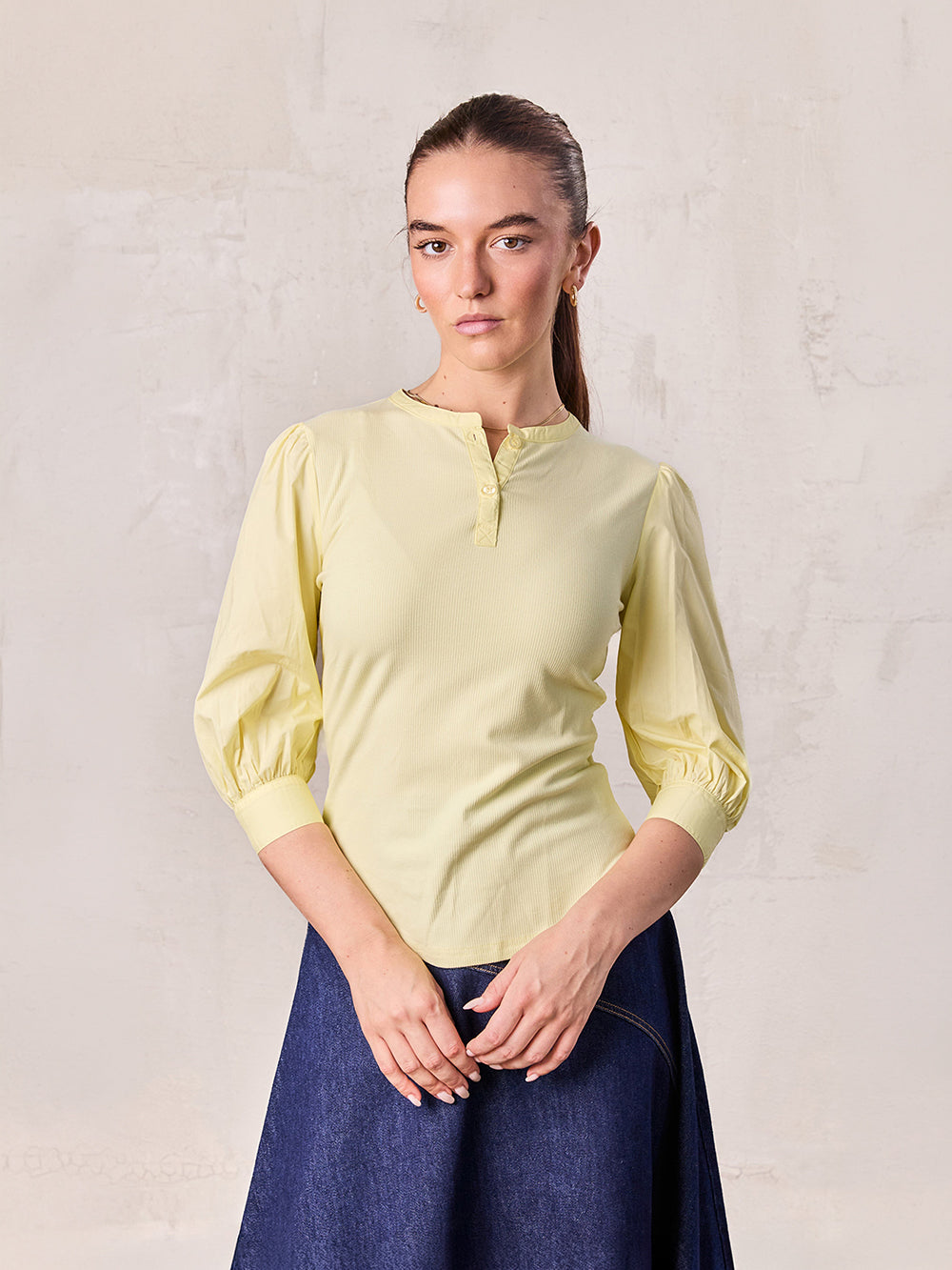 Puff Sleeve Ribbed T-Shirt-Pale Yellow