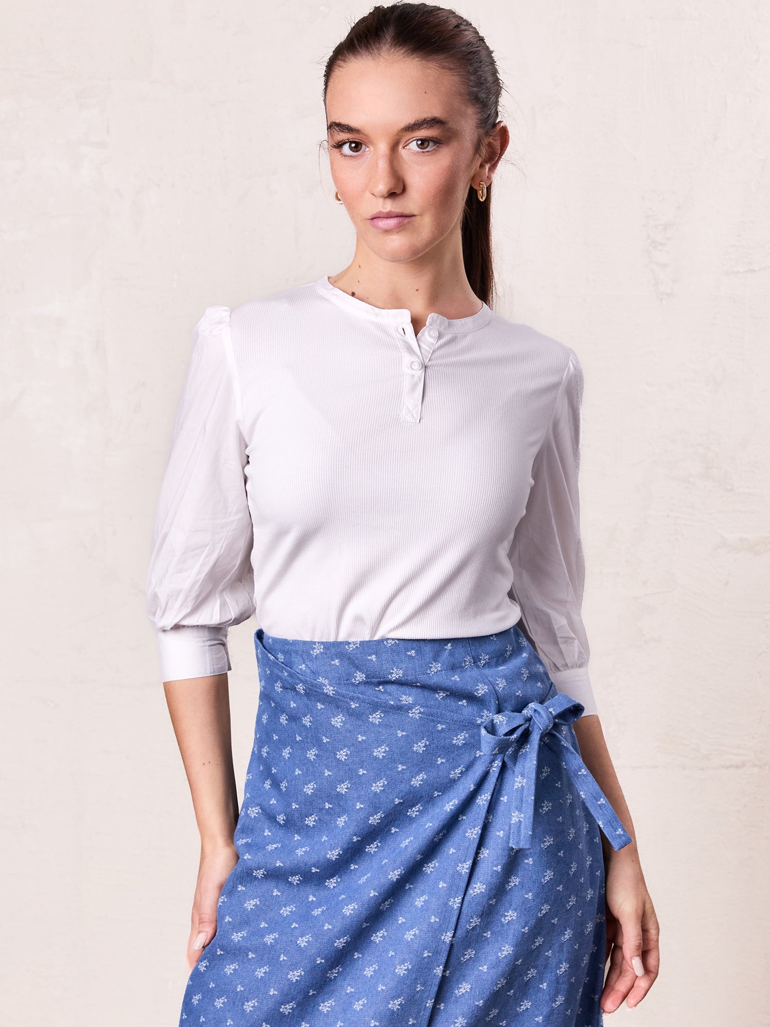 Puff Sleeve Ribbed T-Shirt-White