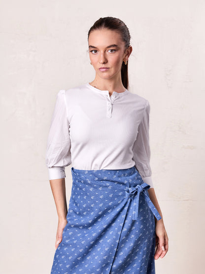 Puff Sleeve Ribbed T-Shirt-White