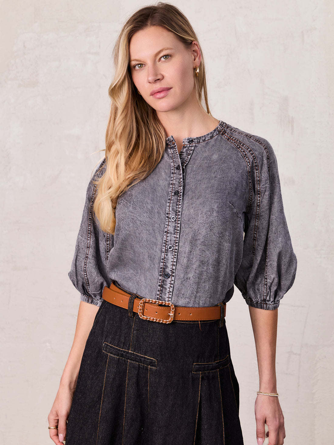 Puff Sleeve Washed Denim Blouse-Black