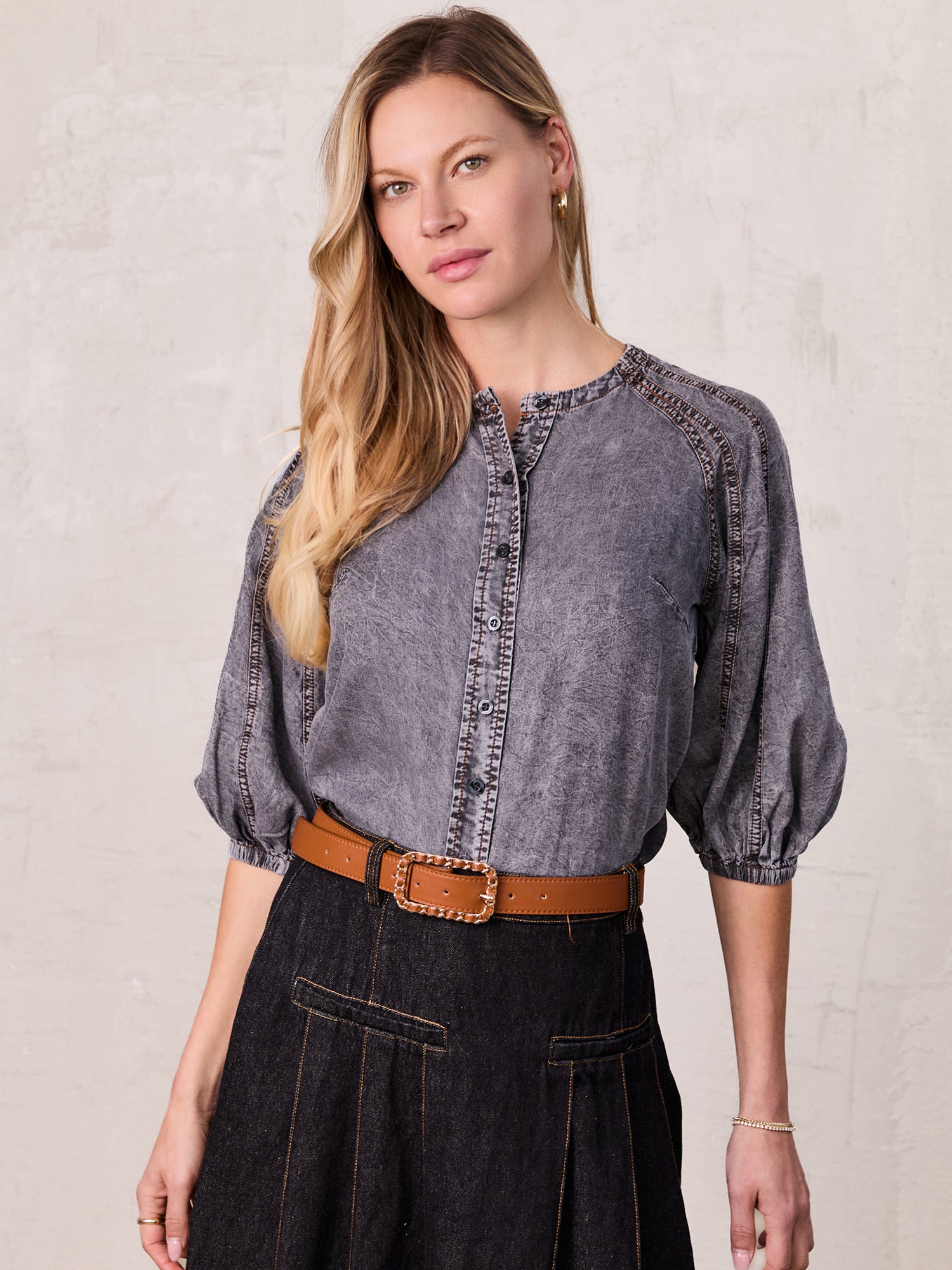 Puff Sleeve Washed Denim Blouse-Black