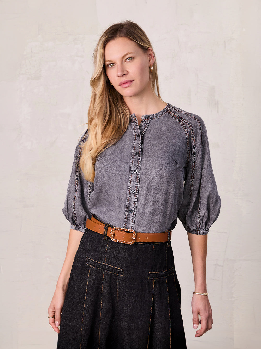 Puff Sleeve Washed Denim Blouse-Black