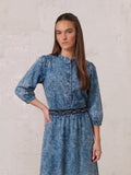 Puff Sleeve Washed Denim Blouse-Blue