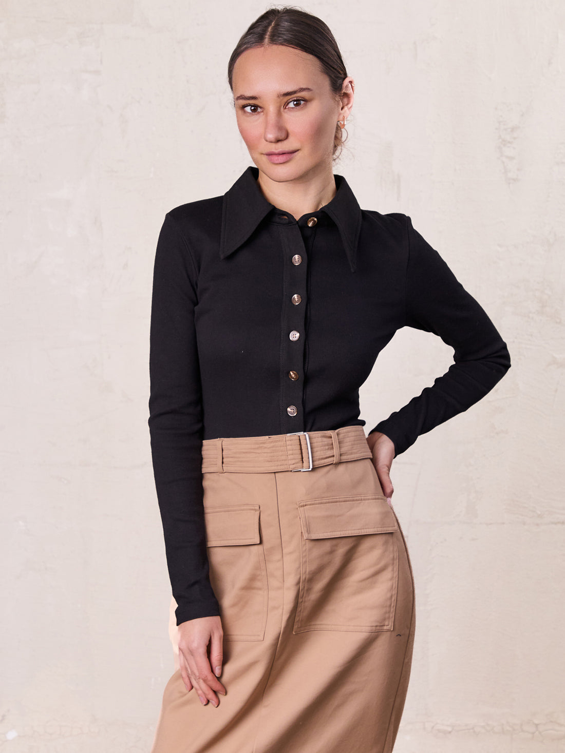 Ribbed Button Down Shirt-Black