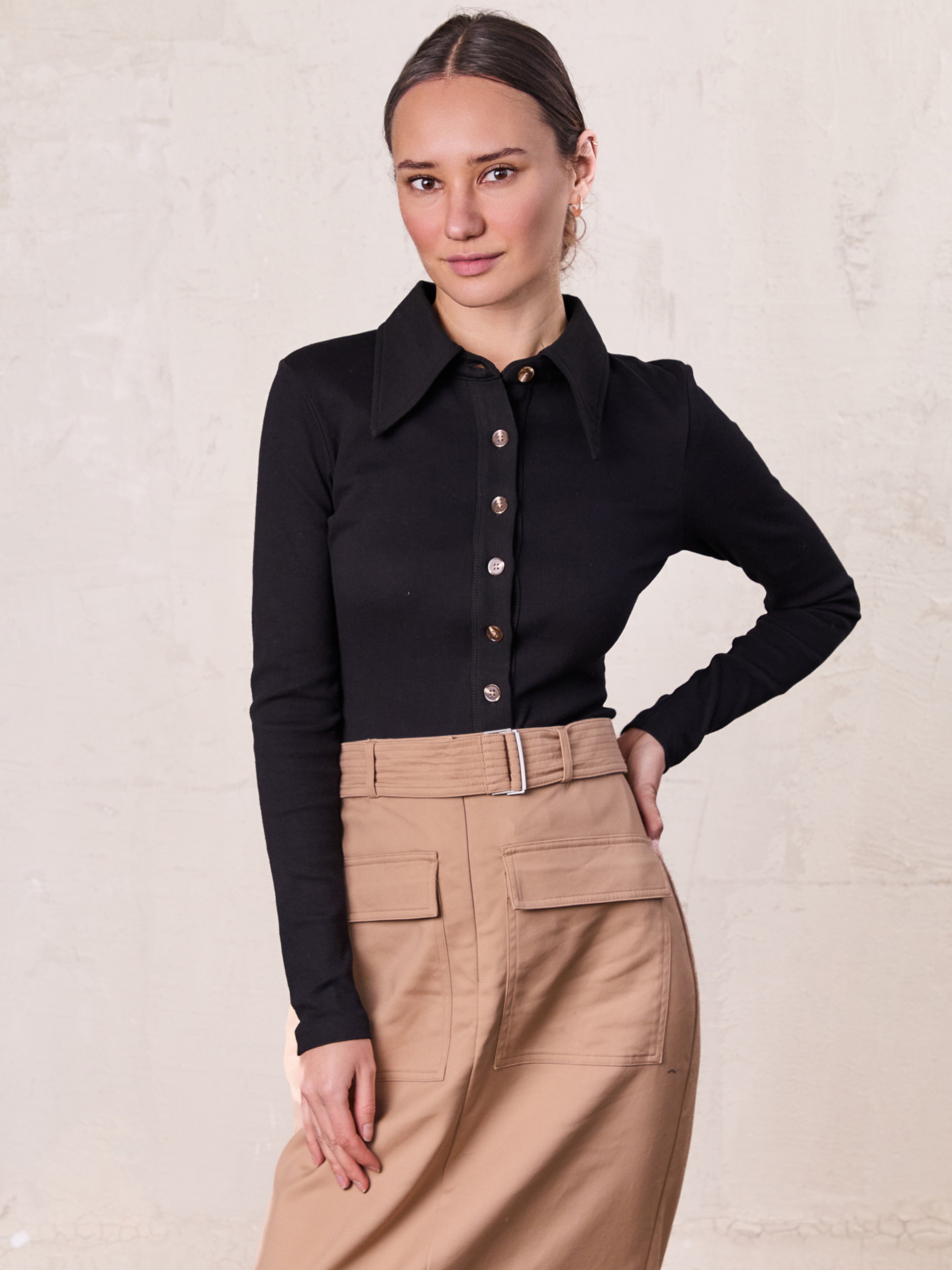 Ribbed Button Down Shirt-Black
