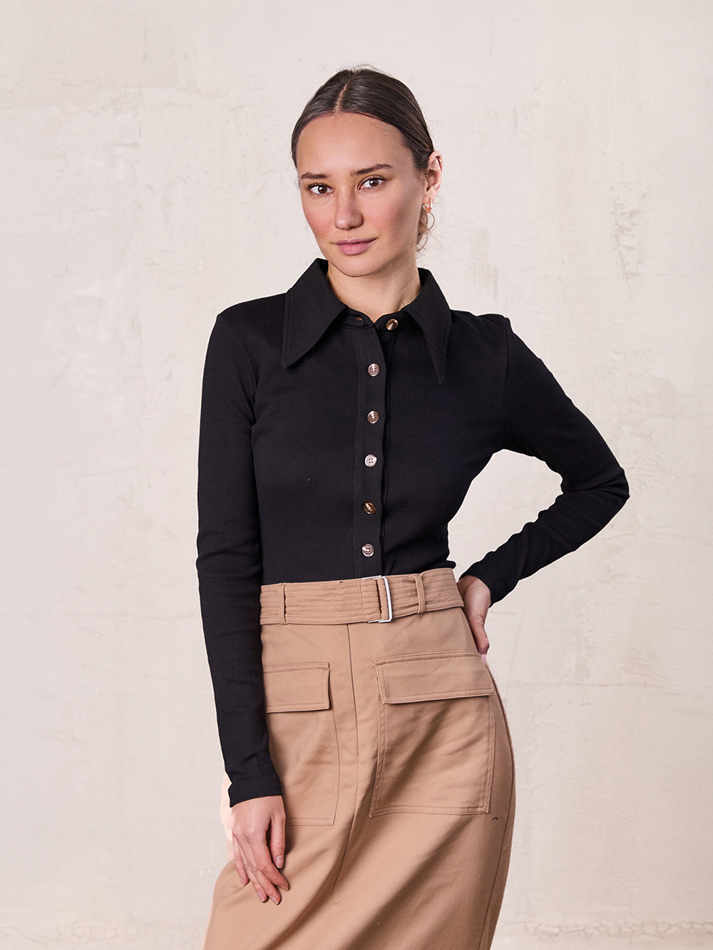 Ribbed Button Down Shirt-Black