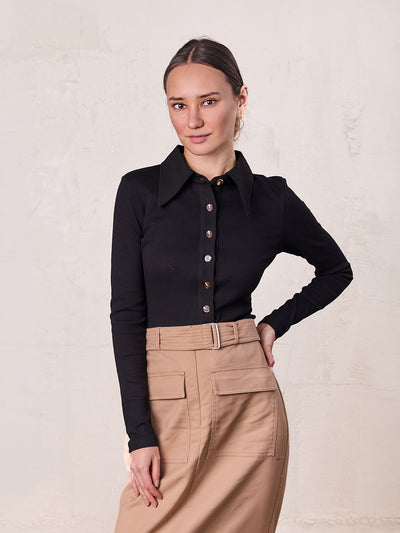 Ribbed Button Down Shirt-Black