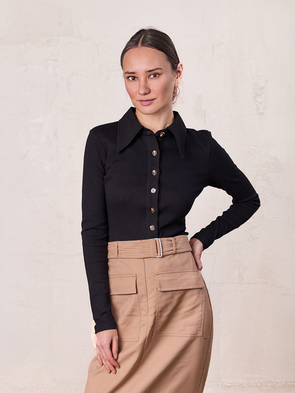 Ribbed Button Down Shirt-Black