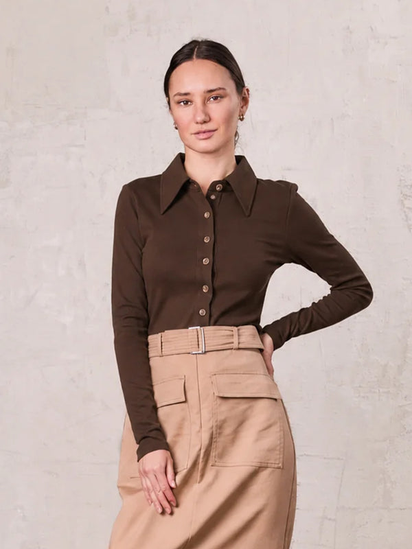Ribbed Button Down Shirt-Brown