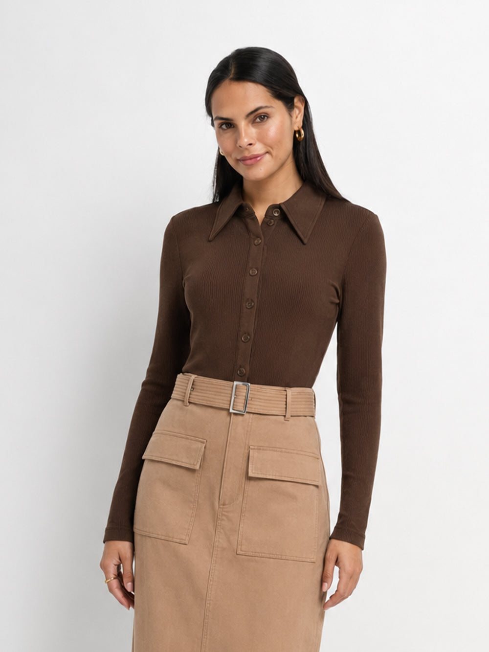 Ribbed Button Down Shirt-Brown