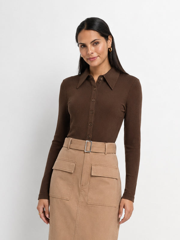 Ribbed Button Down Shirt-Brown