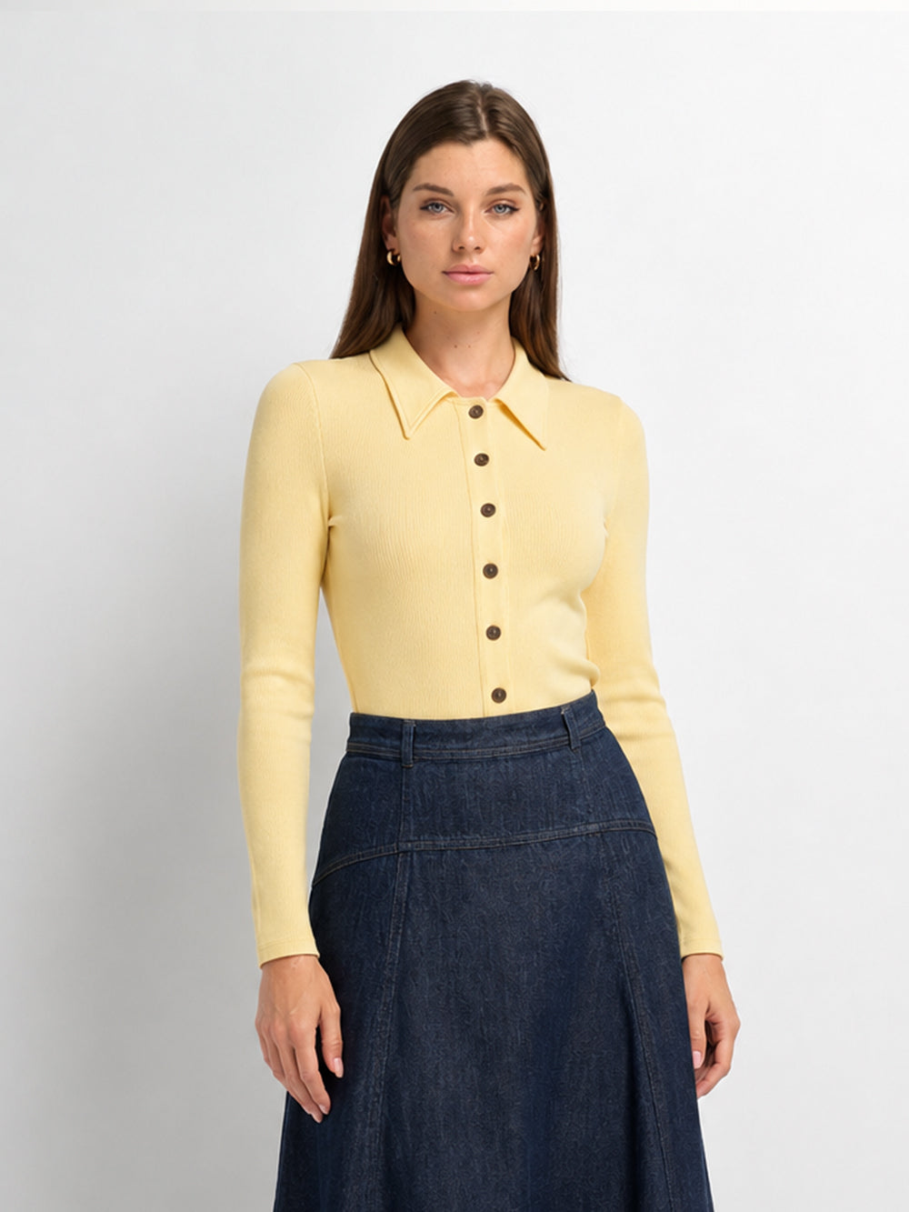 Ribbed Button Down Shirt-Butter Yellow
