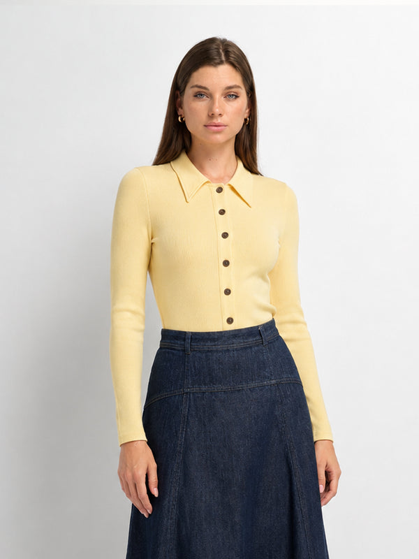 Ribbed Button Down Shirt-Butter Yellow