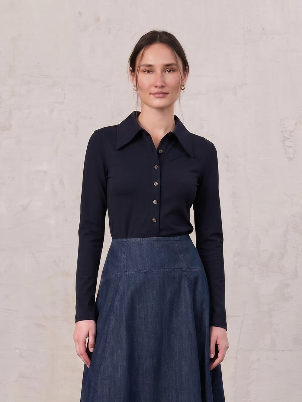Ribbed Button Down Shirt-Navy
