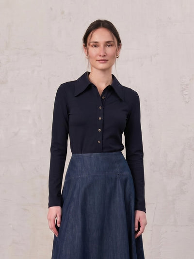 Ribbed Button Down Shirt-Navy
