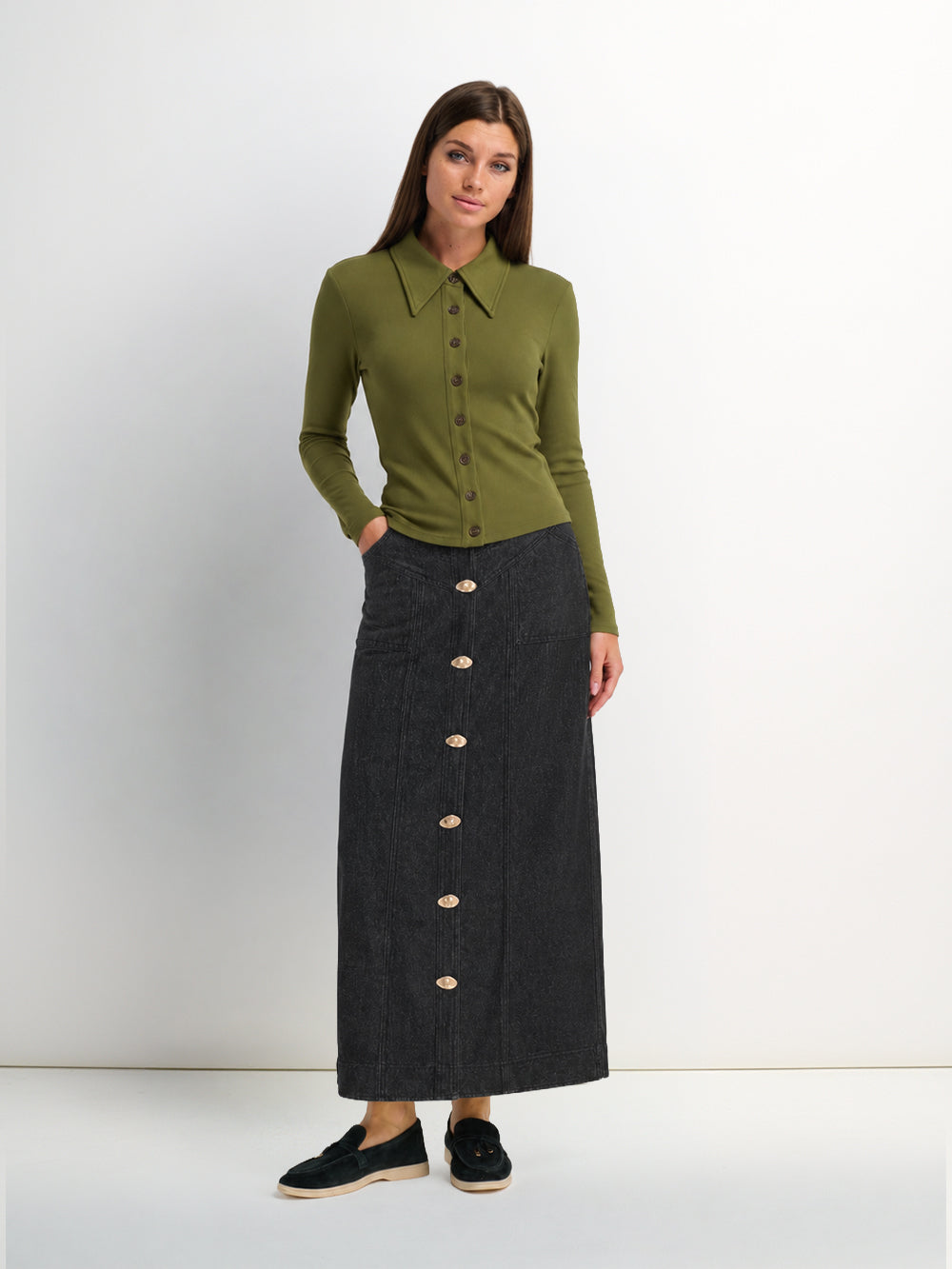 Ribbed Button Down Shirt-Olive