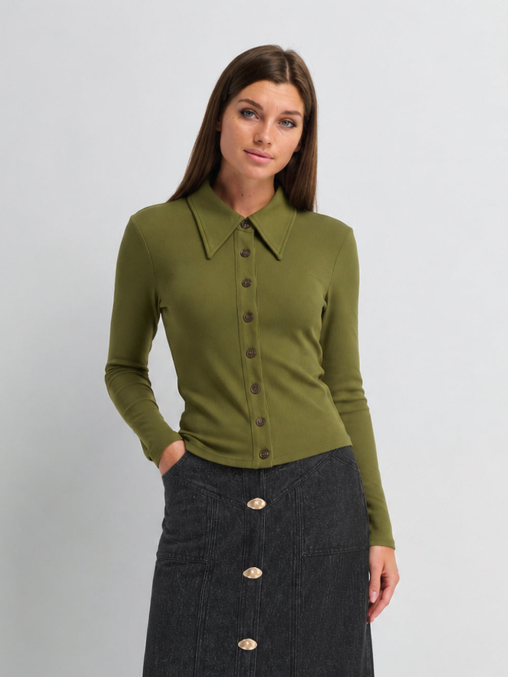 Ribbed Button Down Shirt-Olive