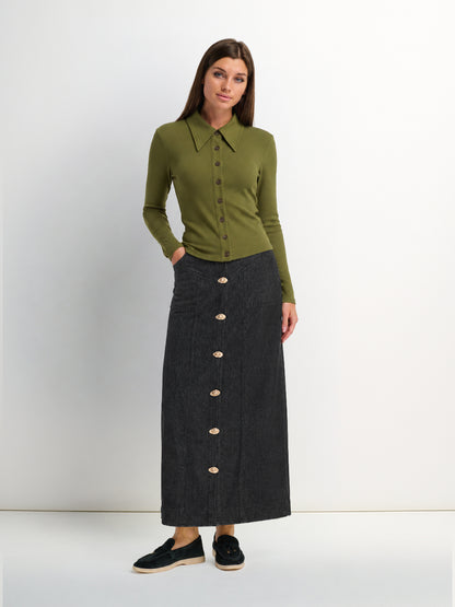 Button Design Denim Skirt-Black