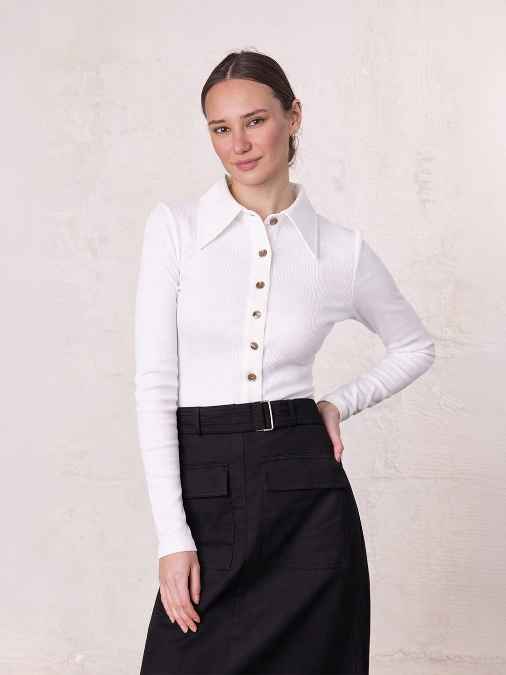 Ribbed Button Down Shirt-White