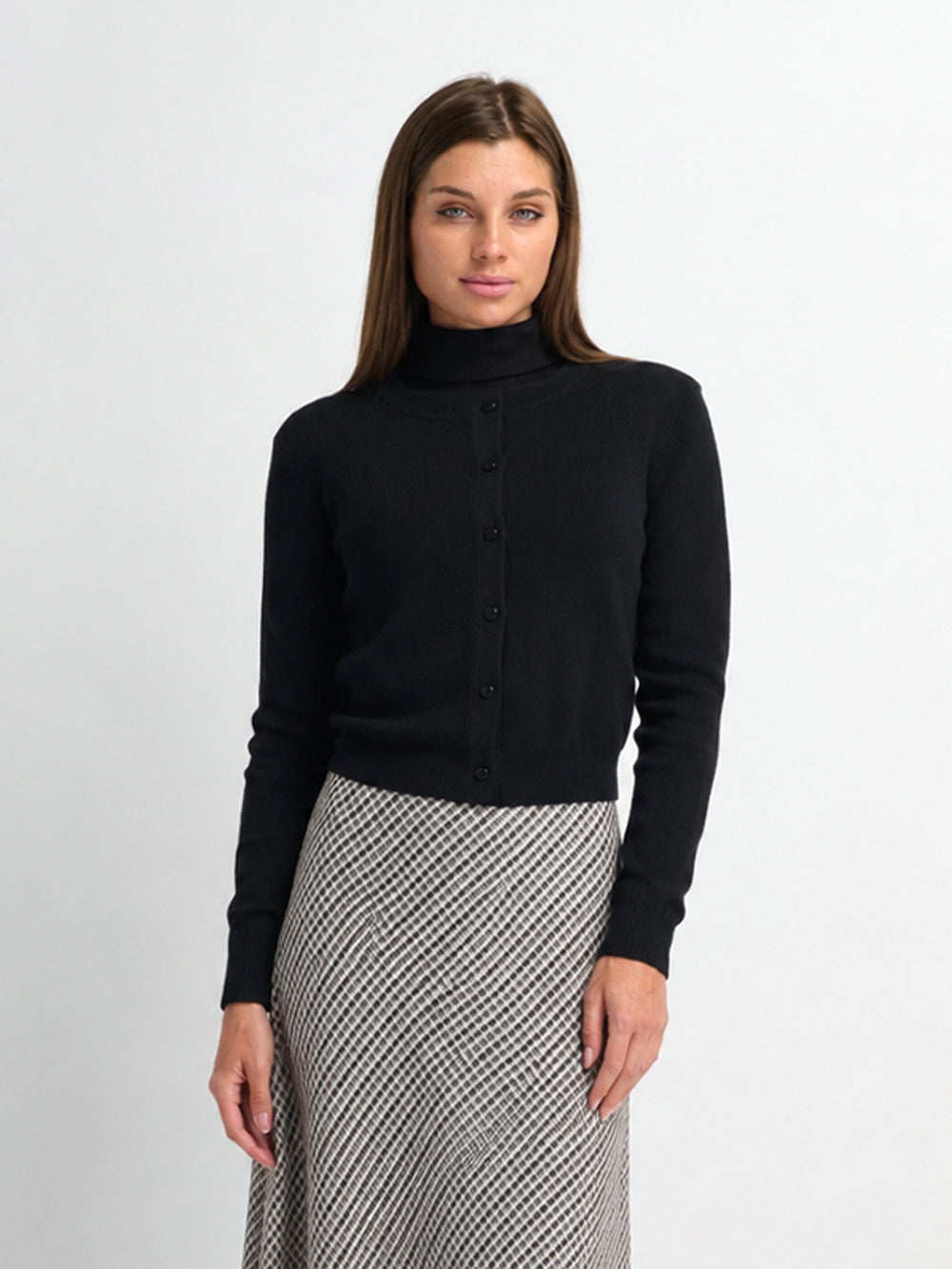 Ribbed Crew Neck Cardigan-Black