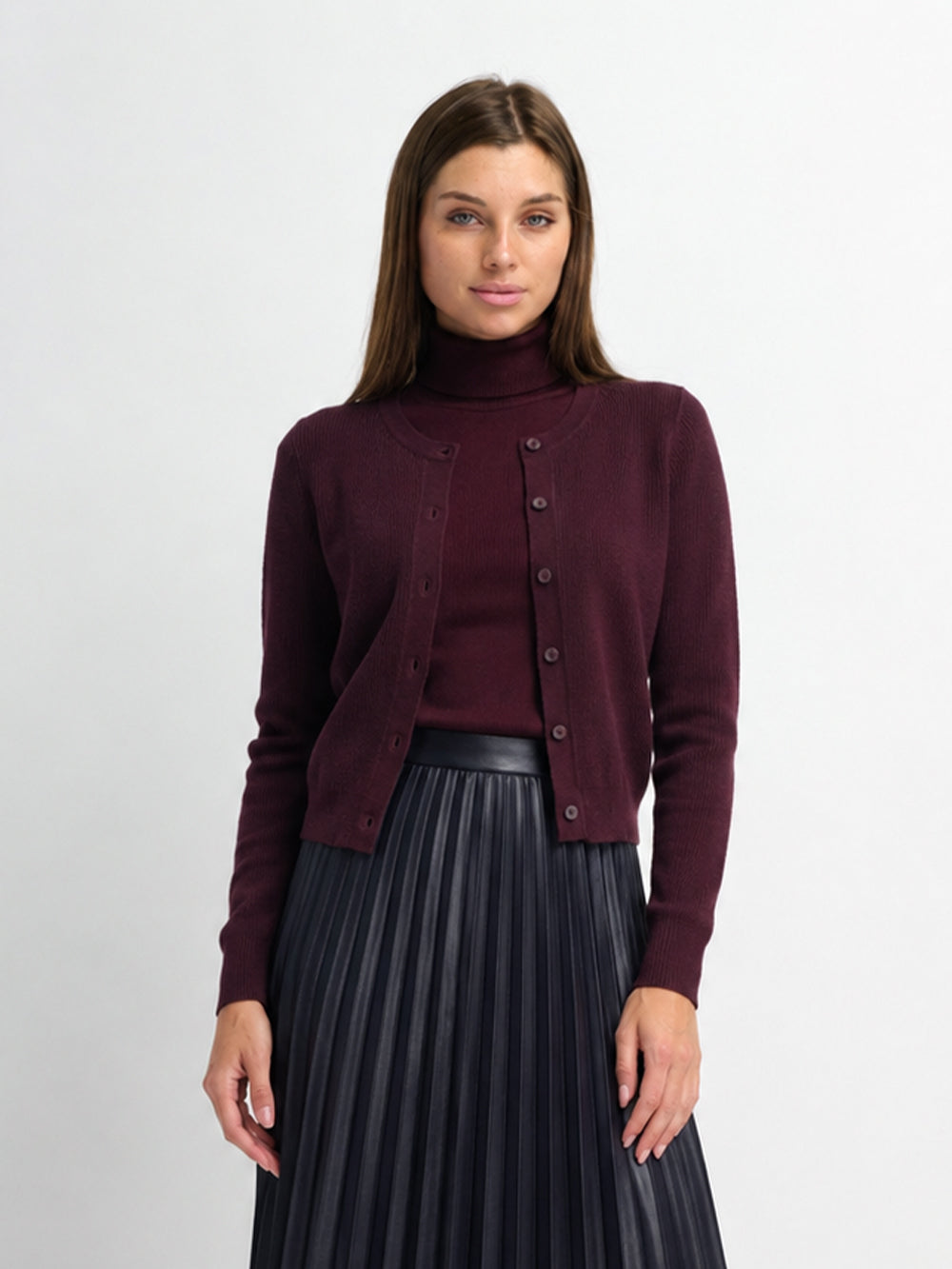 Ribbed Crew Neck Cardigan-Eggplant