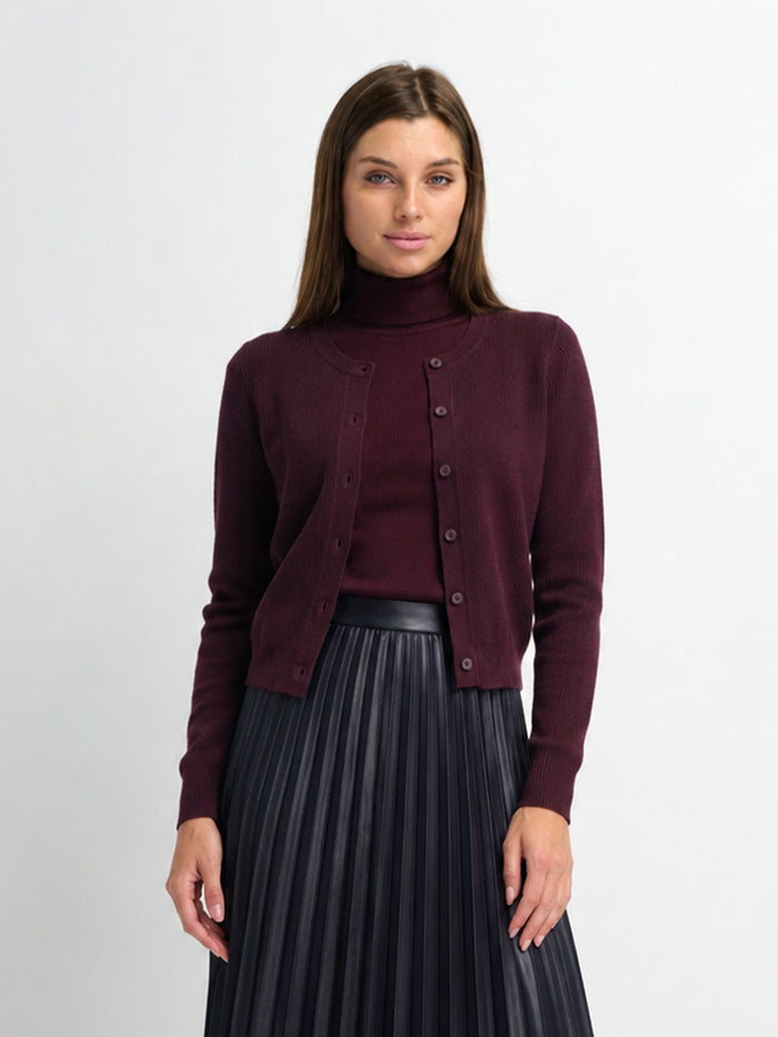 Ribbed Crew Neck Cardigan-Eggplant