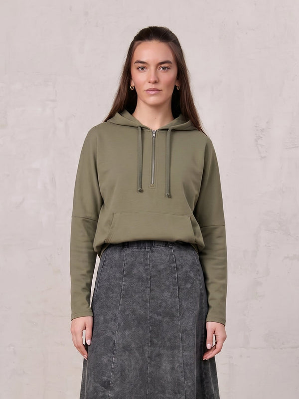 Ribbed Half Zip Hoodie Tee-Camouflage Green