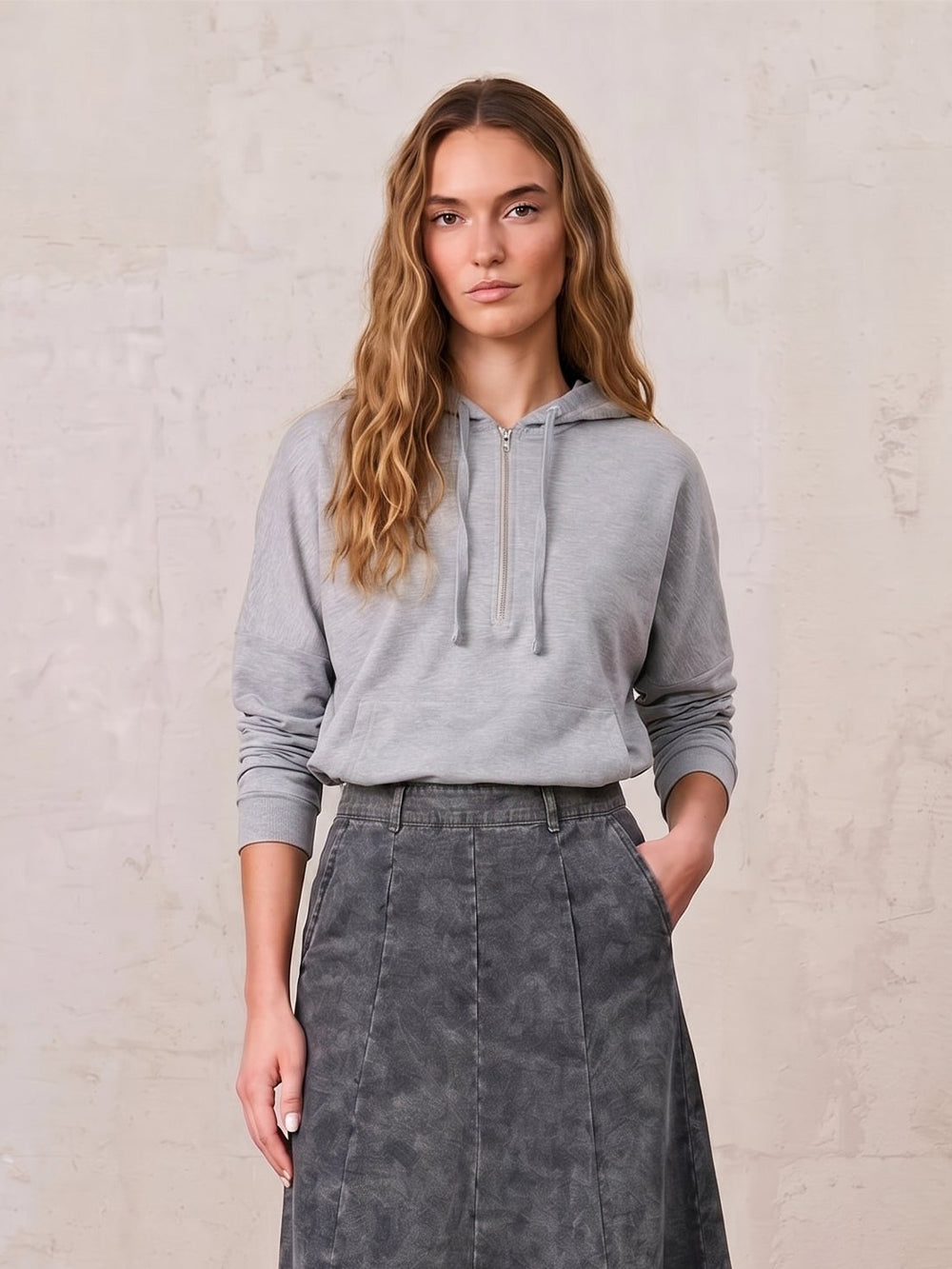 Ribbed Half Zip Hoodie Tee-Grey
