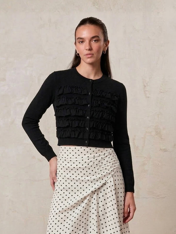 Ruffle Design Cardigan-Black