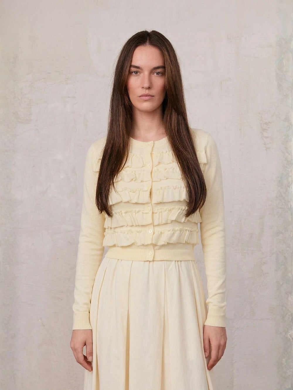 Ruffle Design Cardigan-Butter
