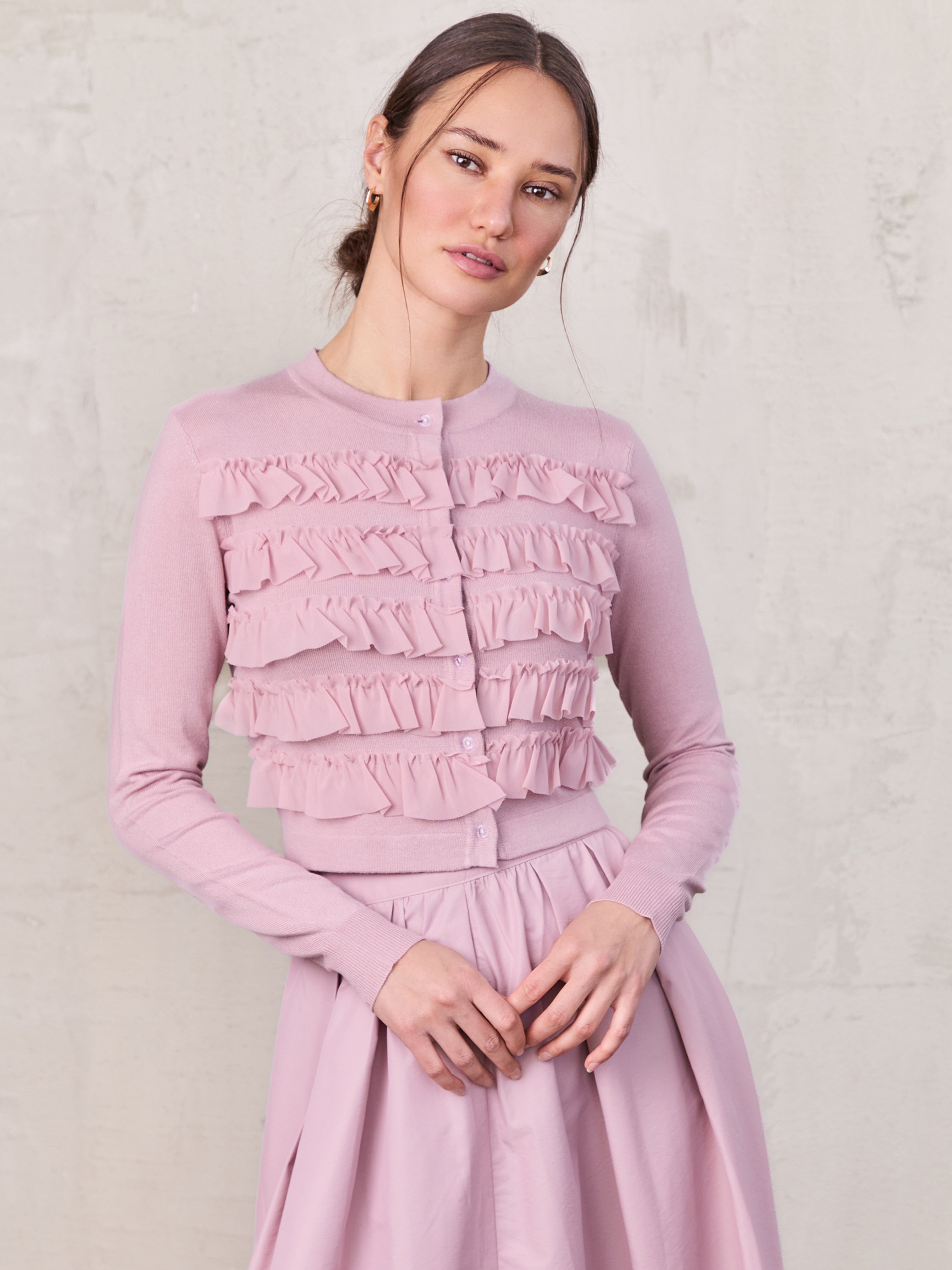 Ruffle Design Cardigan-Mauve