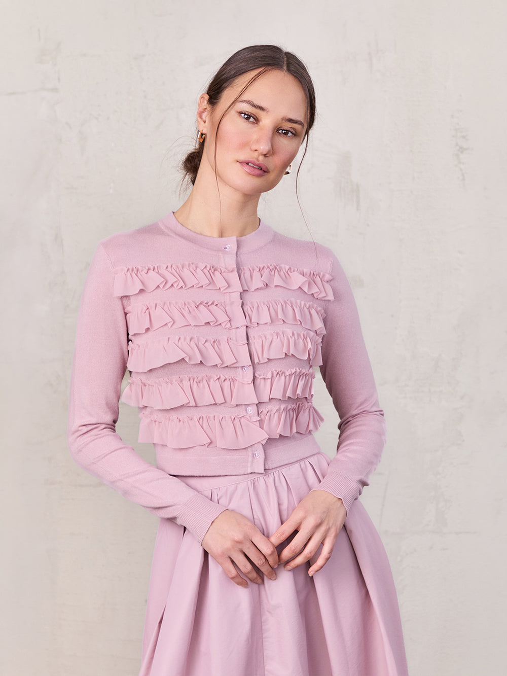 Ruffle Design Cardigan-Mauve