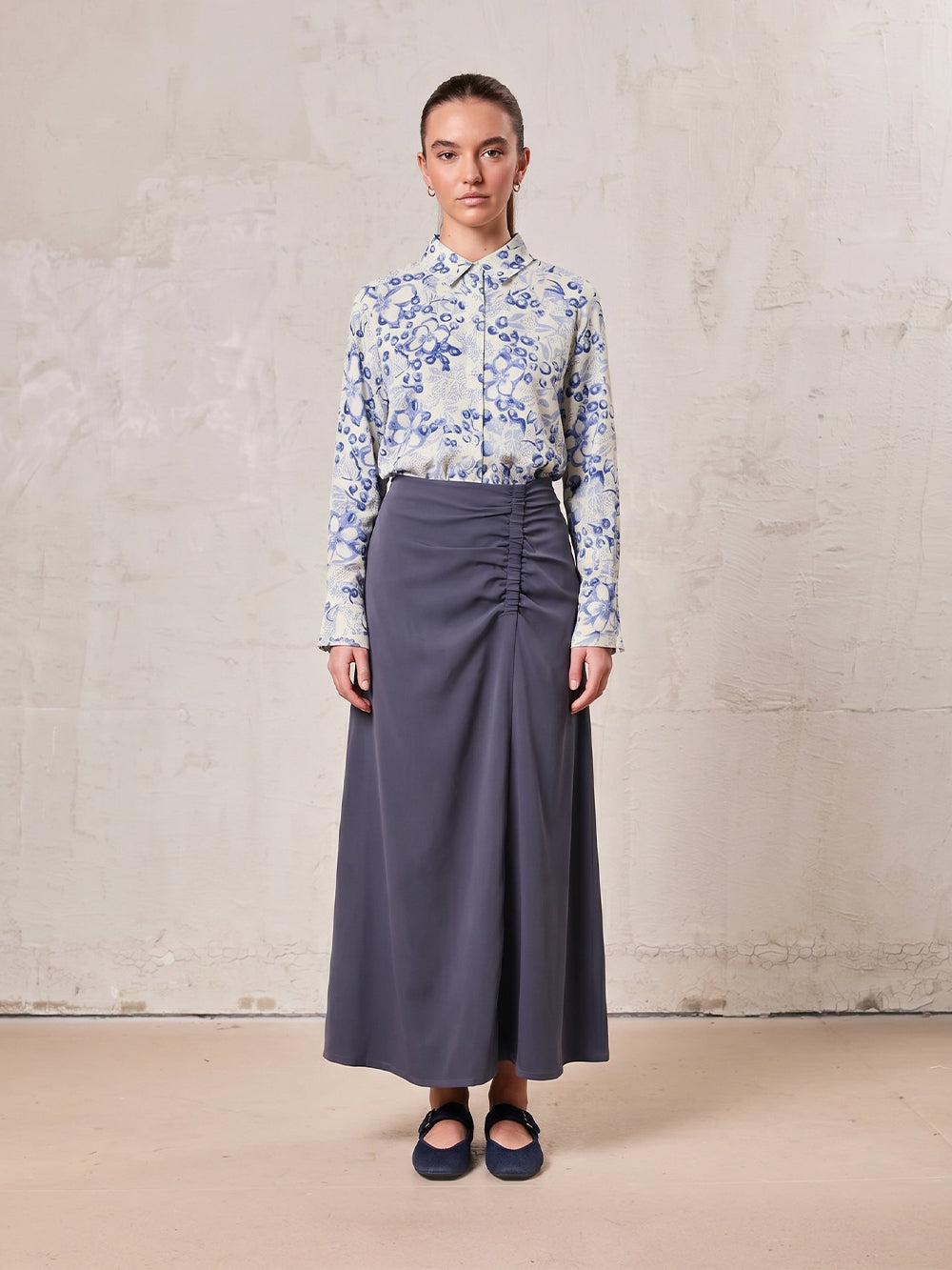 SIDE RUCHED SKIRT-BLUE