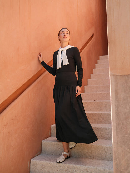T-Shirt Ribbed Yoke Skirt-Black