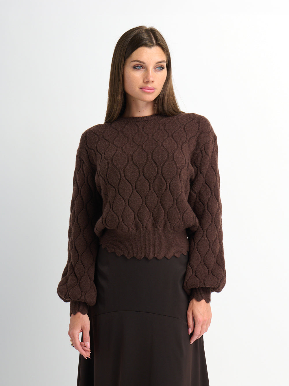 Scalloped Edge Hourglass Sweater - Brown