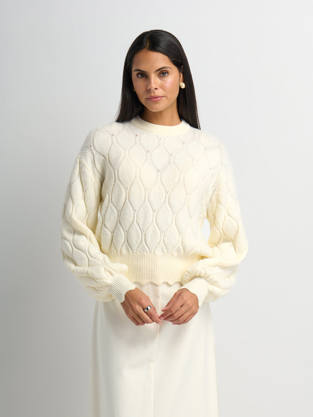 Scalloped Edge Hourglass Sweater - Cream