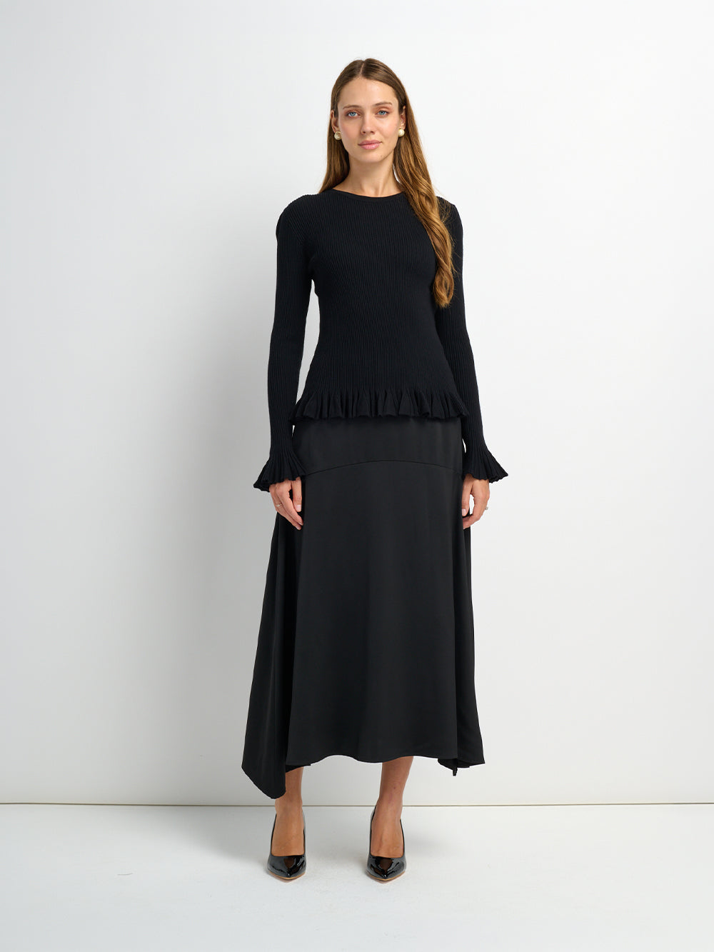 Curved Yoke Faux Satin Skirt - Black