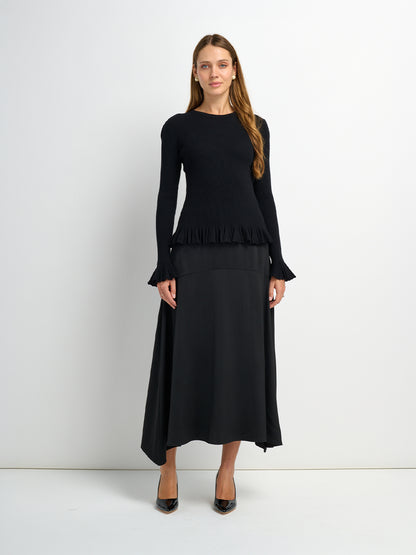 Curved Yoke Faux Satin Skirt - Black