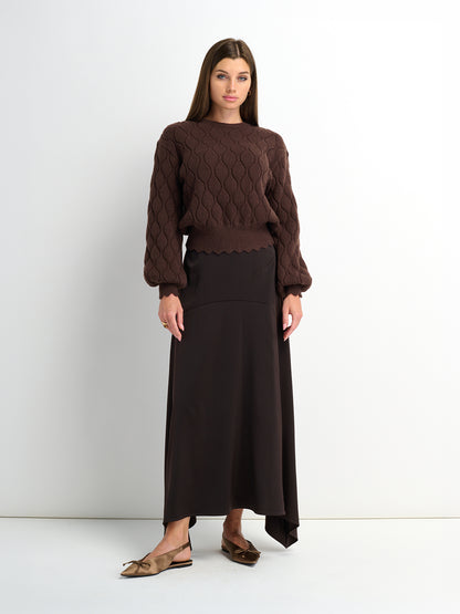 Curved Yoke Faux Satin Skirt - Brown