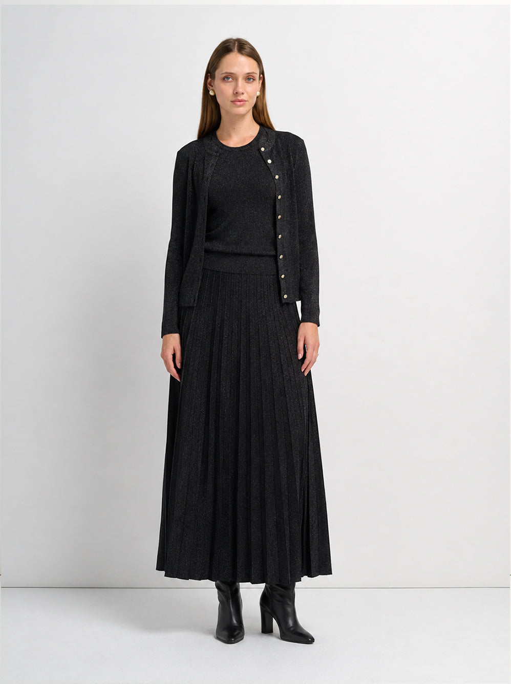 Lurex Pleat Knit Maxi Skirt - Black