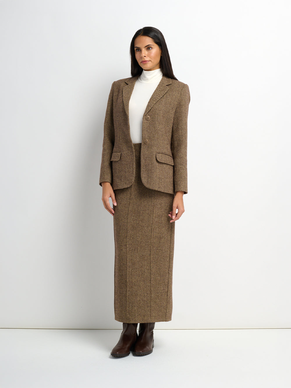 Herringbone Pocket Detail Skirt - Brown/Tan