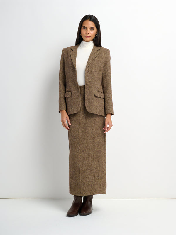 Herringbone Pocket Detail Skirt - Brown/Tan