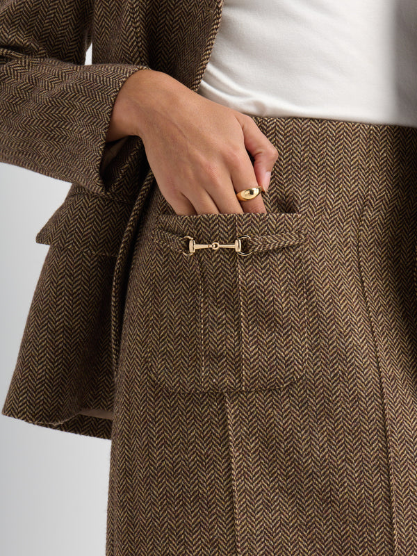 Herringbone Pocket Detail Skirt - Brown/Tan