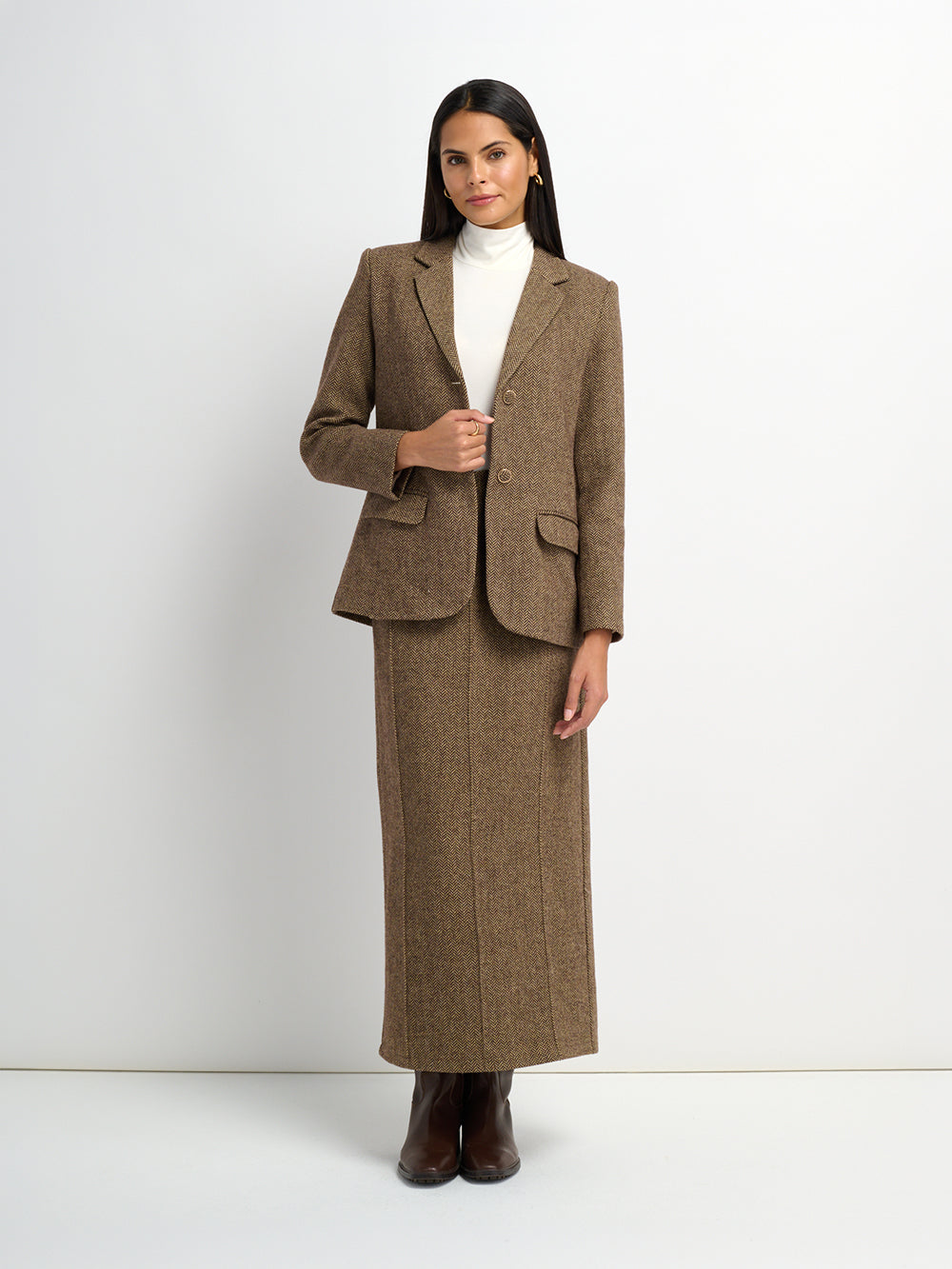 Herringbone Pocket Detail Skirt - Brown/Tan