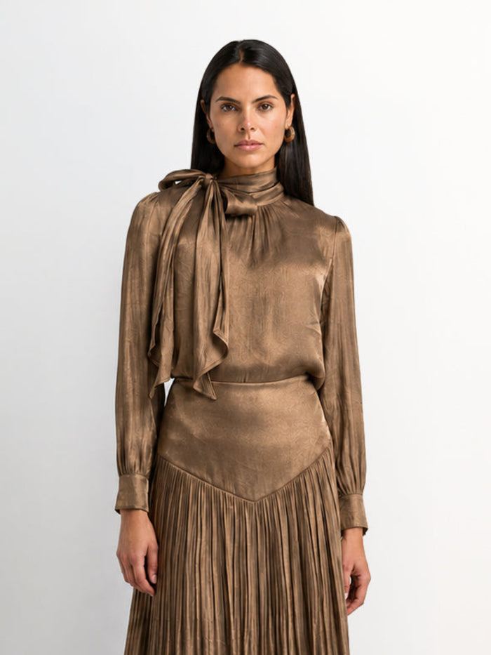 Textured Shimmer Center Bow Blouse - Bronze