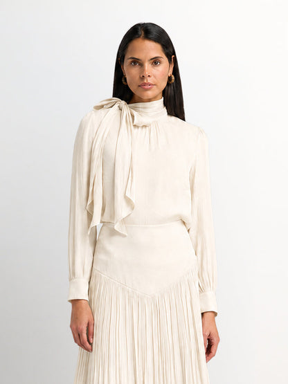 Textured Shimmer Center Bow Blouse - Cream