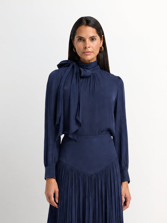 Textured Shimmer Center Bow Blouse - Navy